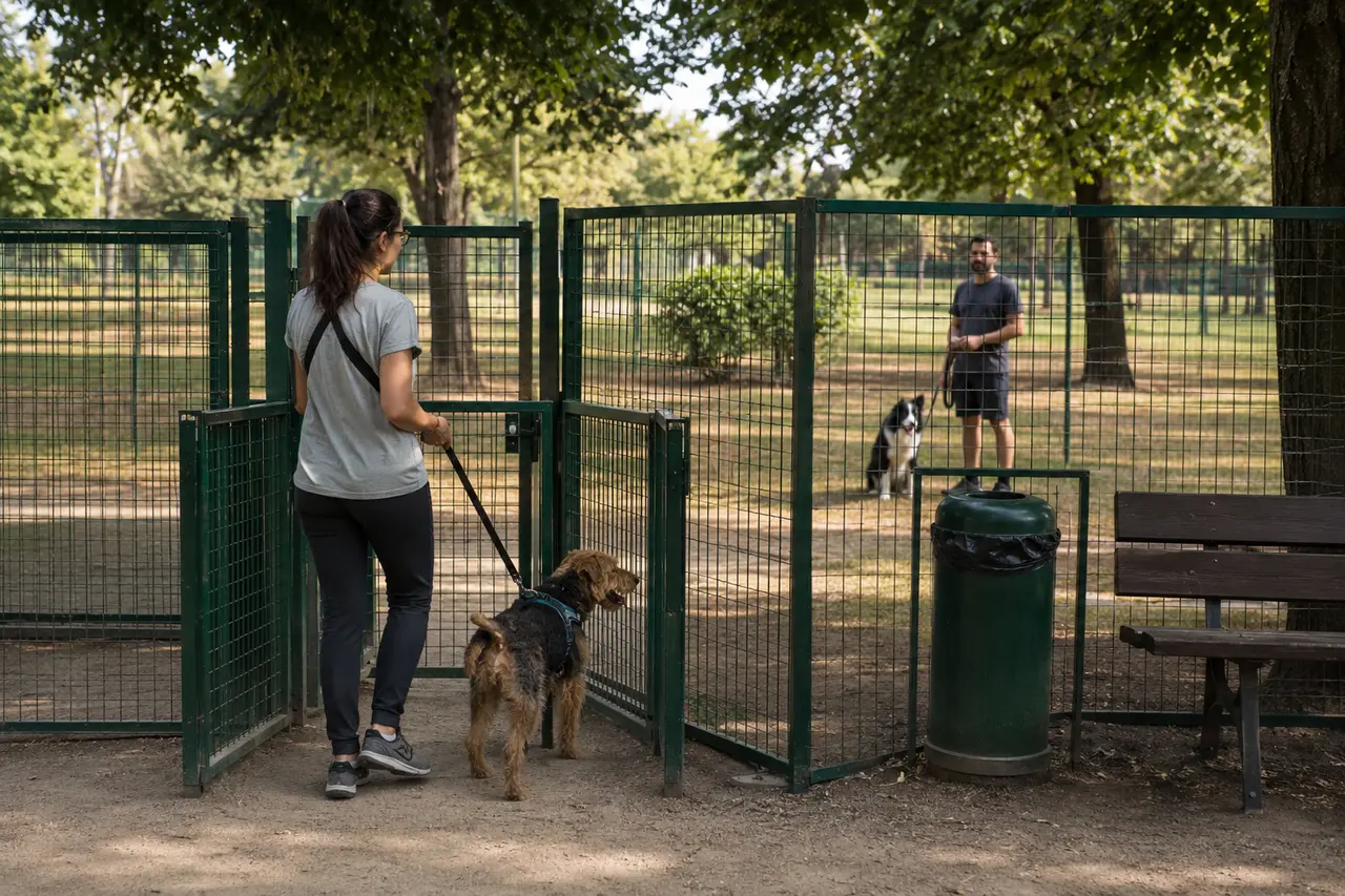 Proprietaria con cane al doppio cancello di accesso di un’area di sgambamento