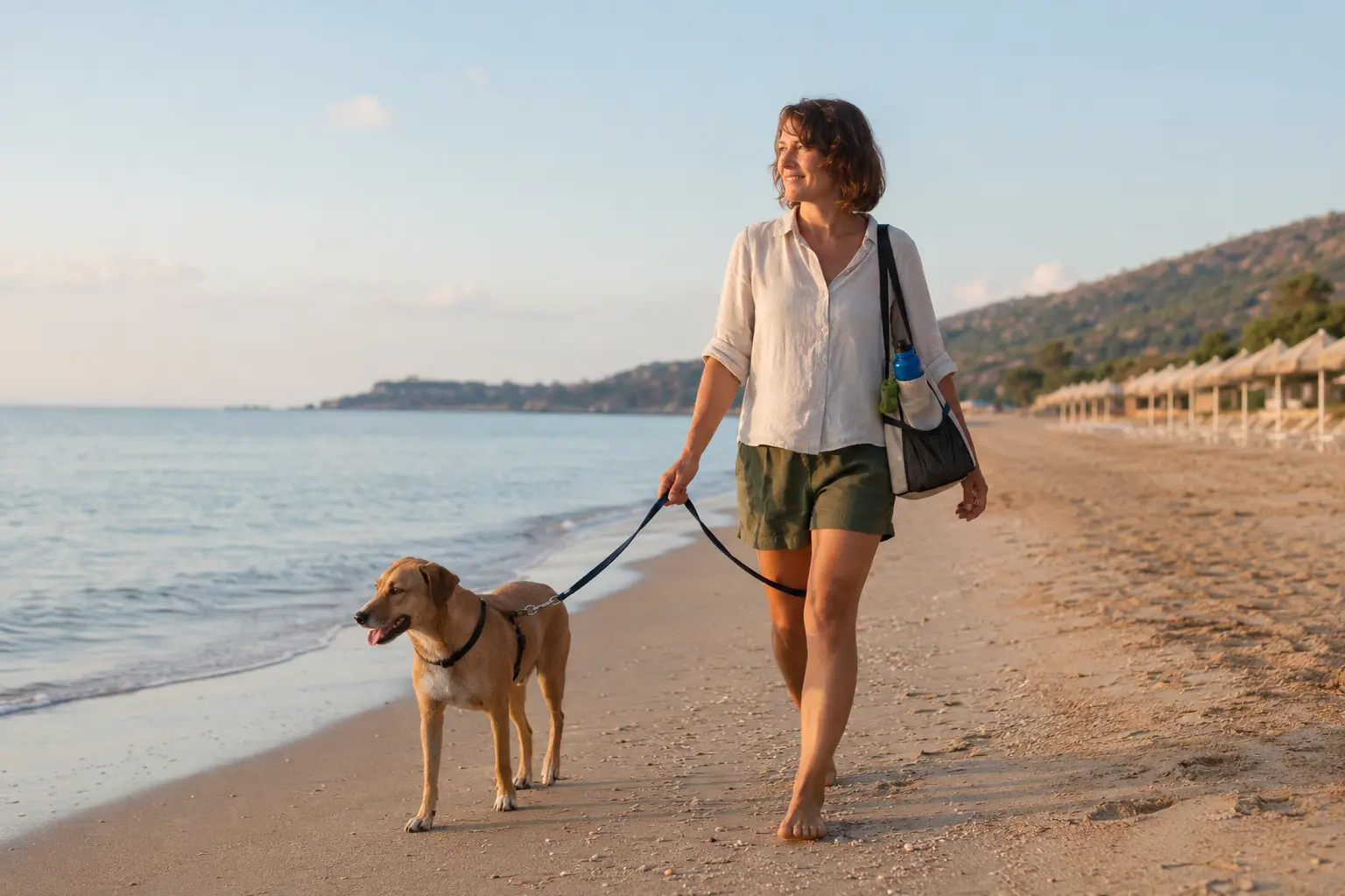 Proprietaria passeggia con il cane al guinzaglio su una spiaggia al mattino