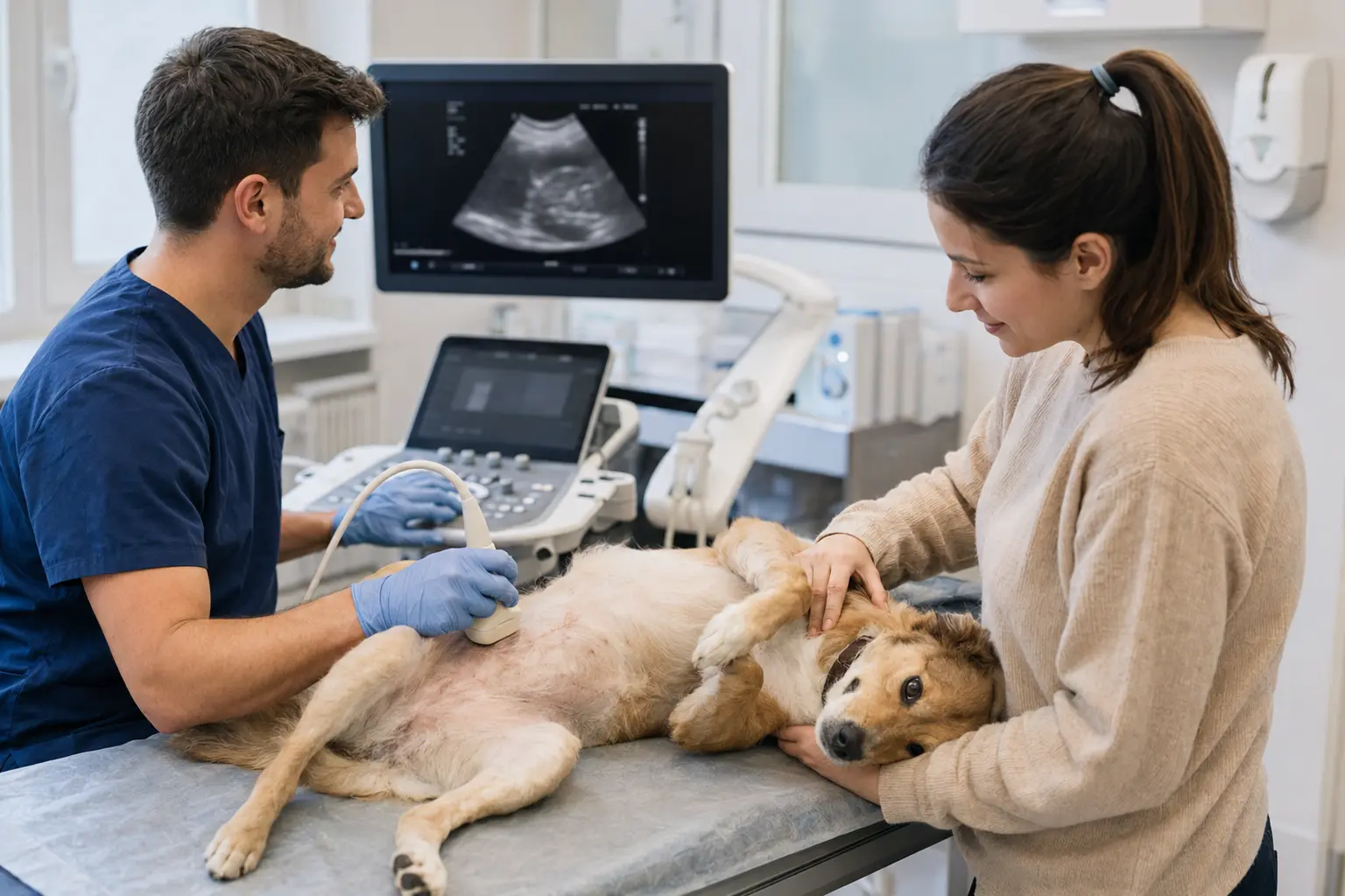 Veterinario esegue un’ecografia al cane mentre la proprietaria lo rassicura