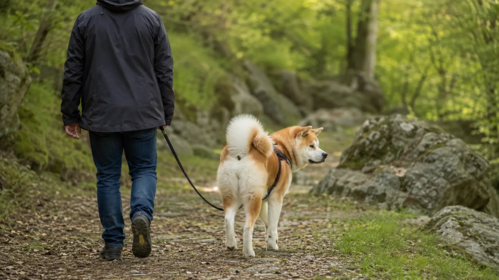 Akita Inu durante una passeggiata educativa con pettorina
