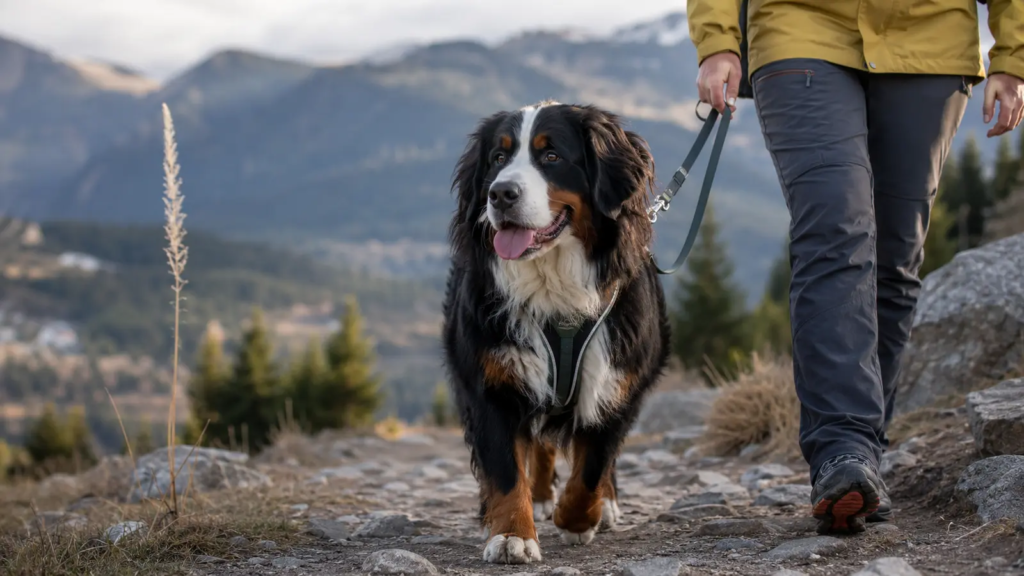 Bovaro del Bernese durante una passeggiata su un sentiero montano