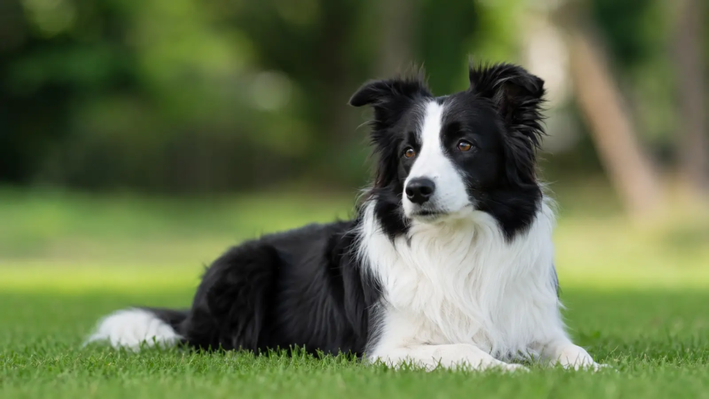 Border Collie adulto bianco e nero ritratto su un prato