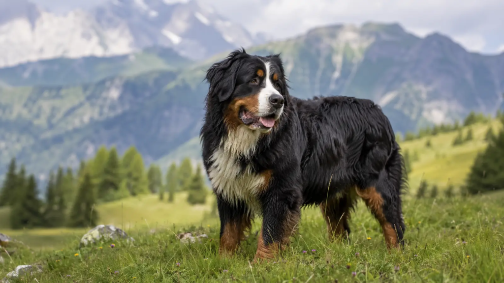 Bovaro del Bernese adulto ritratto in un prato alpino
