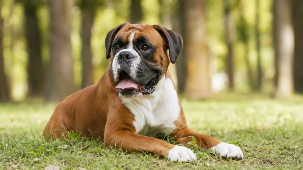 Boxer adulto fulvo ritratto in un parco