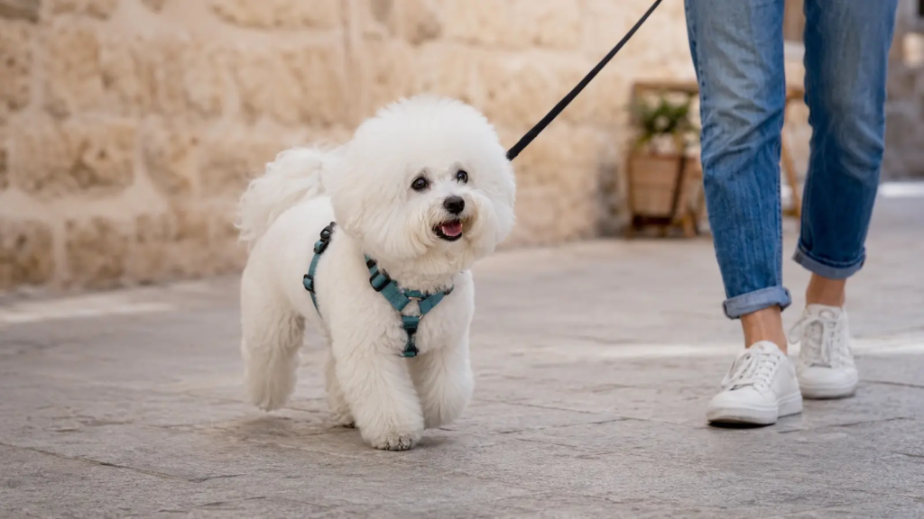 Bichon Frisé durante una passeggiata cittadina tranquilla