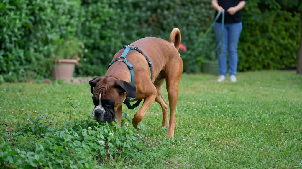 Boxer impegnato in un gioco di ricerca olfattiva