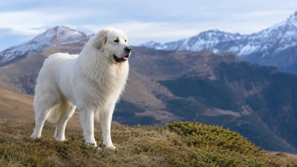 Cane da Montagna dei Pirenei adulto ritratto in montagna