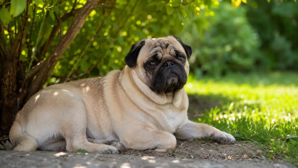 Carlino adulto ritratto all’ombra in un giardino