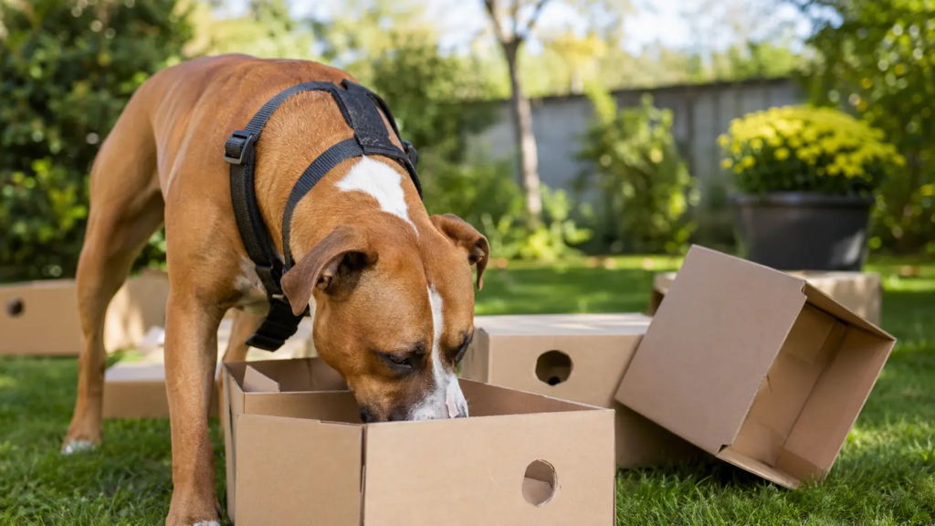 American Staffordshire Terrier impegnato in un gioco olfattivo gentile