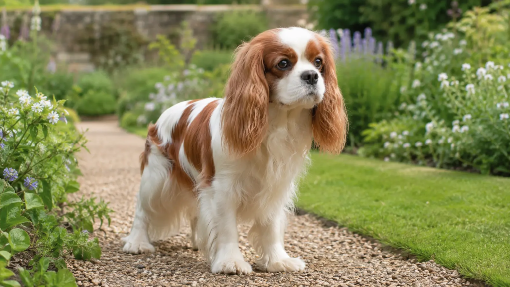 Cavalier King Charles Spaniel adulto Blenheim ritratto in giardino