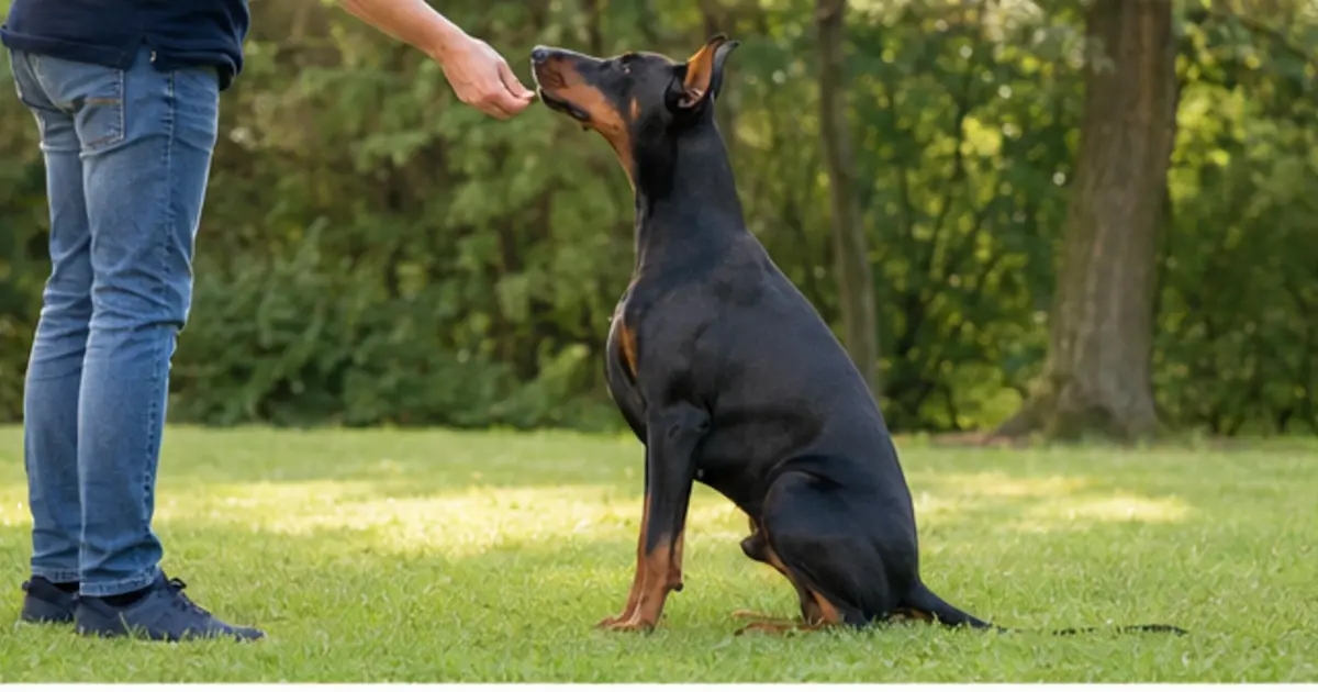 Dobermann durante un'attività educativa gentile