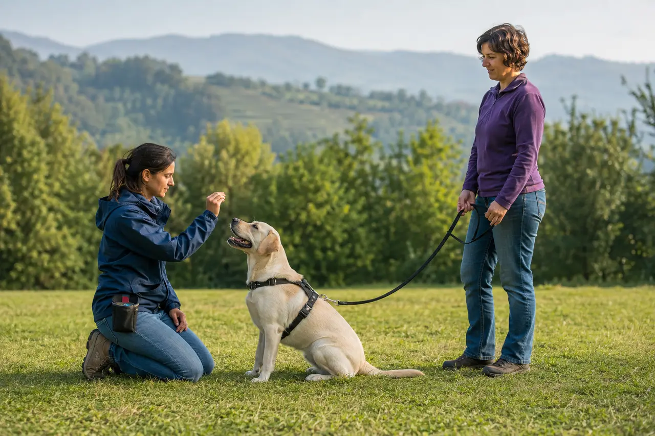Educatore cinofilo durante una sessione individuale con cane e proprietaria