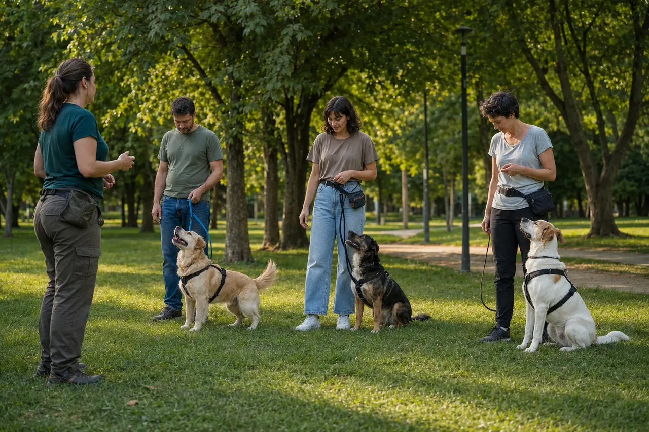Educatore cinofilo con proprietari e cani durante una lezione di gruppo al parco