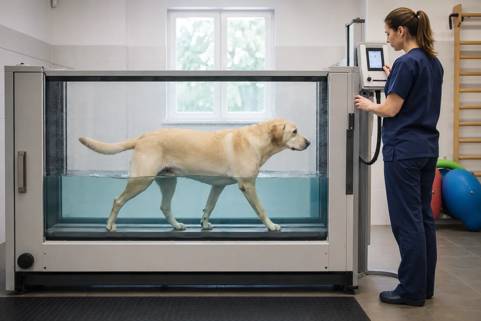 Cane cammina in un tapis roulant in acqua durante una seduta di riabilitazione veterinaria