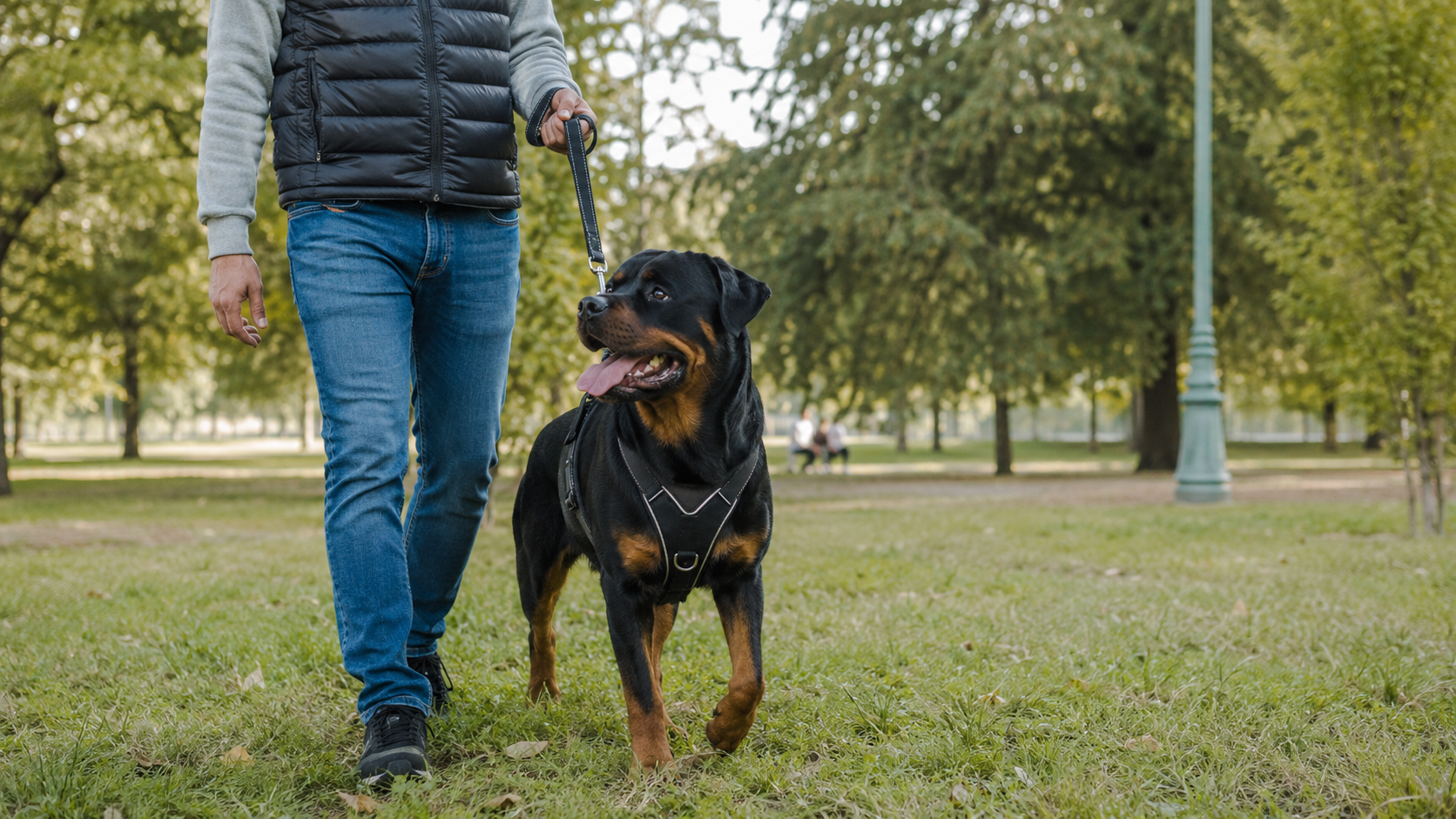 Rottweiler adulto con pettorina durante una passeggiata educativa al guinzaglio in un parco