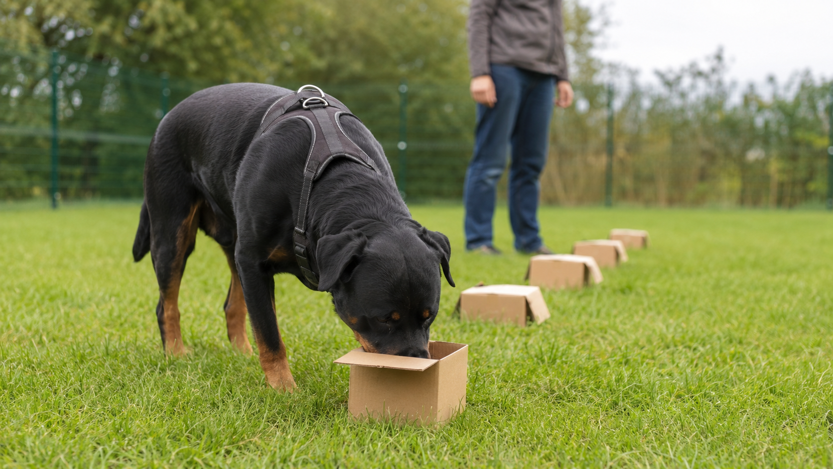Rottweiler adulto impegnato in un gioco di ricerca olfattiva con scatole in un prato recintato