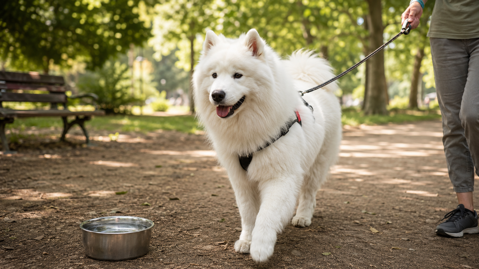 Samoiedo adulto con pettorina durante una passeggiata estiva in un parco ombreggiato con acqua disponibile