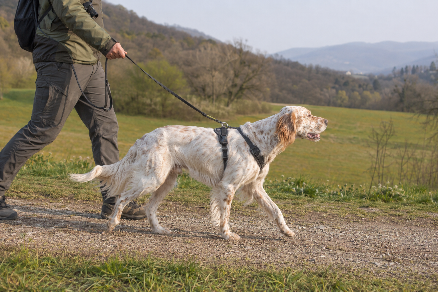 Setter Inglese durante una passeggiata tranquilla con la persona di riferimento