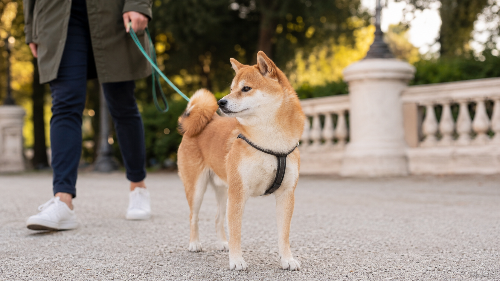 Shiba Inu adulto rosso con pettorina durante una passeggiata al guinzaglio in un parco urbano