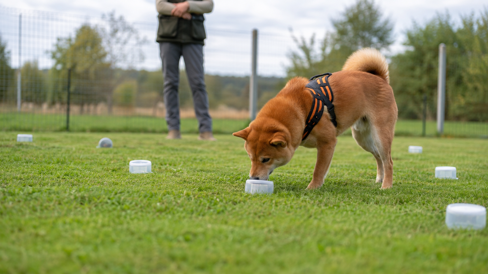 Shiba Inu adulto rosso impegnato in un’attività di ricerca olfattiva su un prato recintato