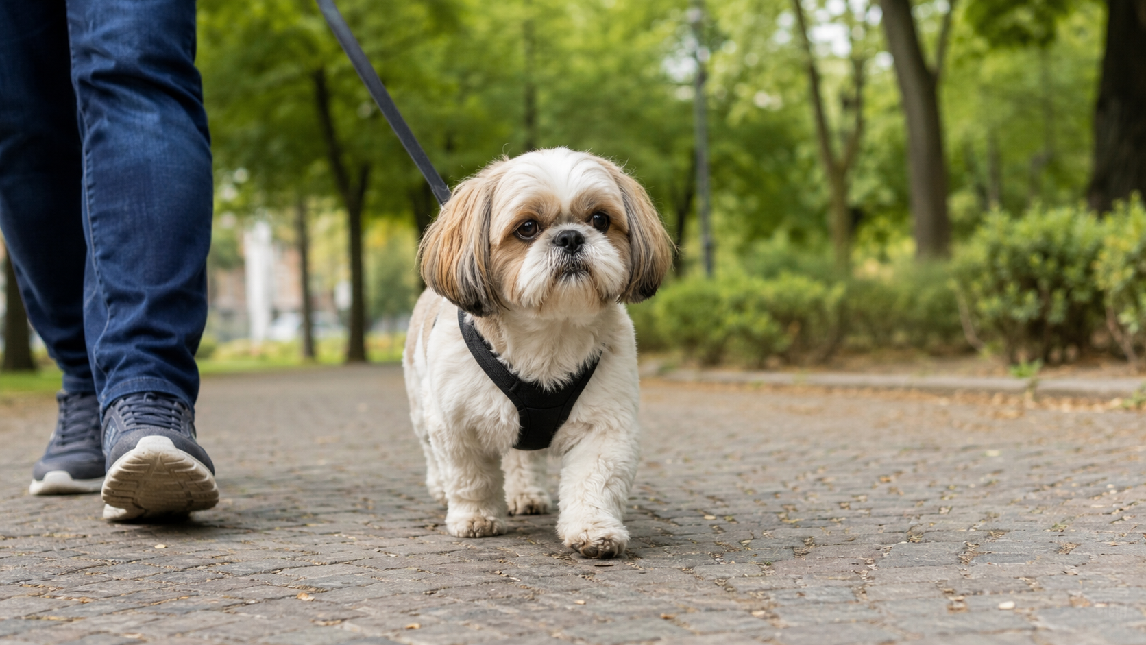 Shih Tzu adulto con mantello curato e pettorina durante una passeggiata tranquilla in un parco