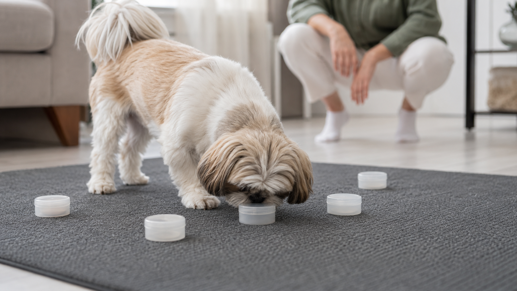 Shih Tzu adulto impegnato in una semplice attività di ricerca olfattiva su un tappeto antiscivolo