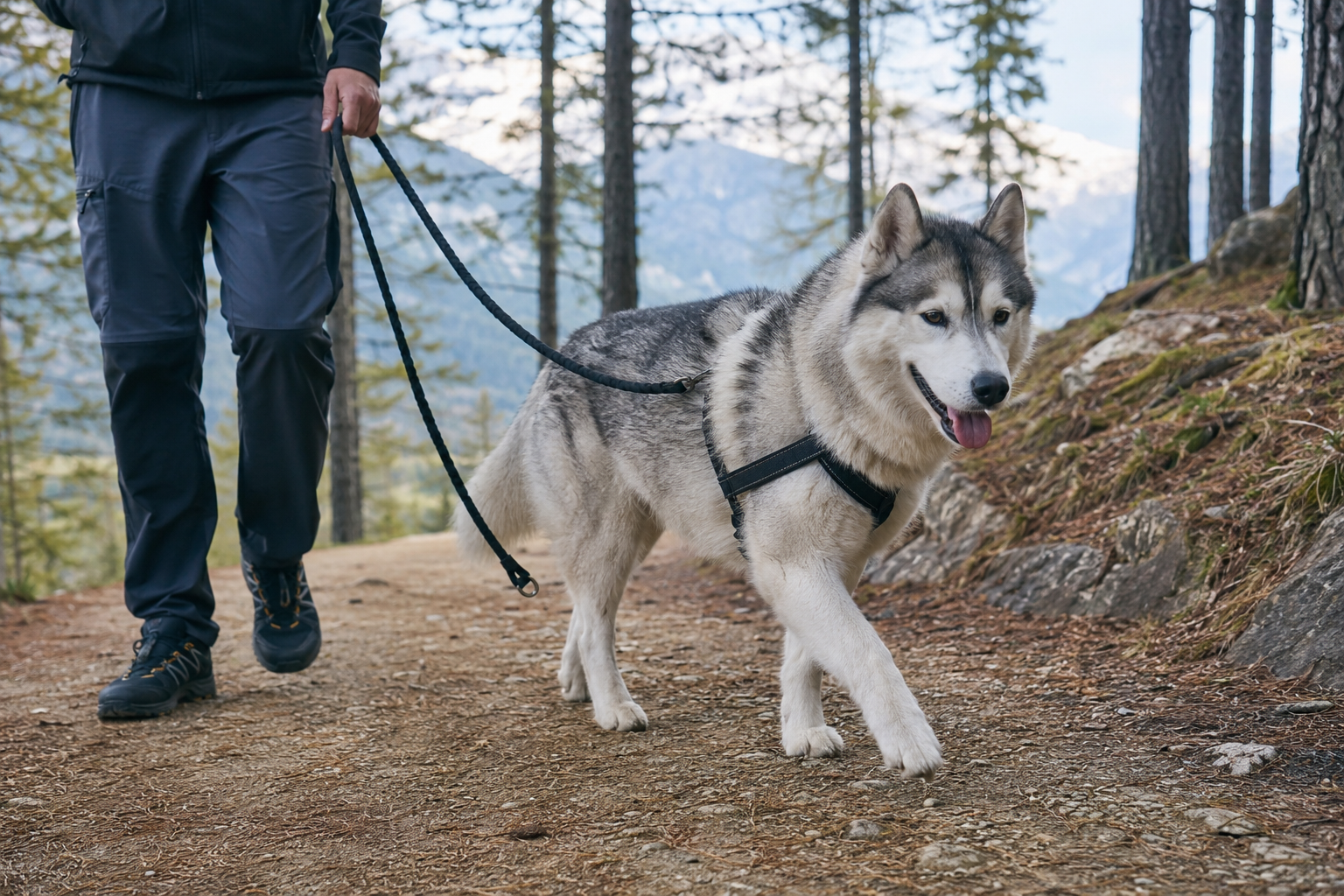 Siberian Husky adulto al guinzaglio durante una passeggiata su un sentiero di montagna