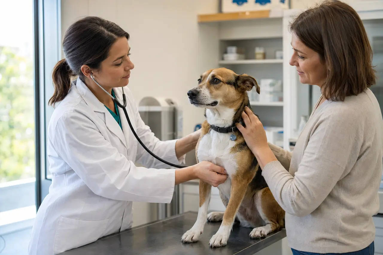 Veterinaria visita un cane mentre la proprietaria lo rassicura