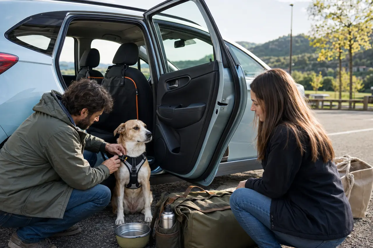 Coppia prepara il cane al viaggio in auto con pettorina di sicurezza e acqua