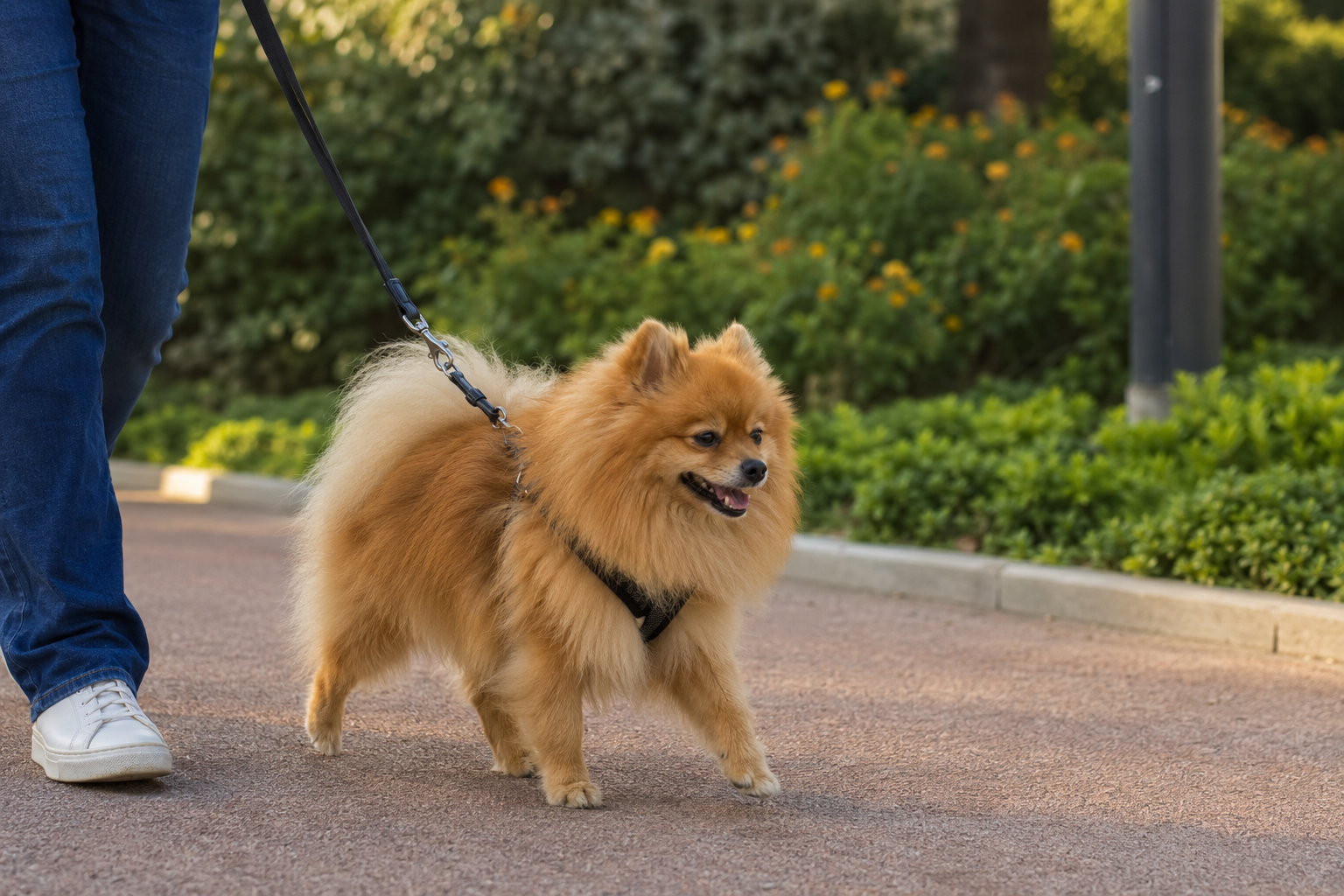 Volpino di Pomerania durante una passeggiata tranquilla con la persona di riferimento