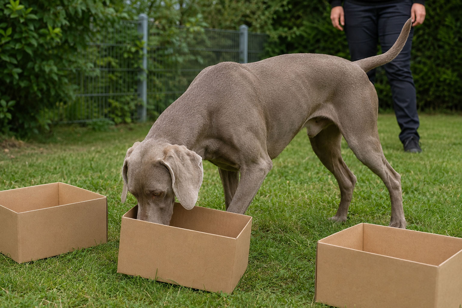 Weimaraner impegnato in una attività educativa rispettosa e collaborativa