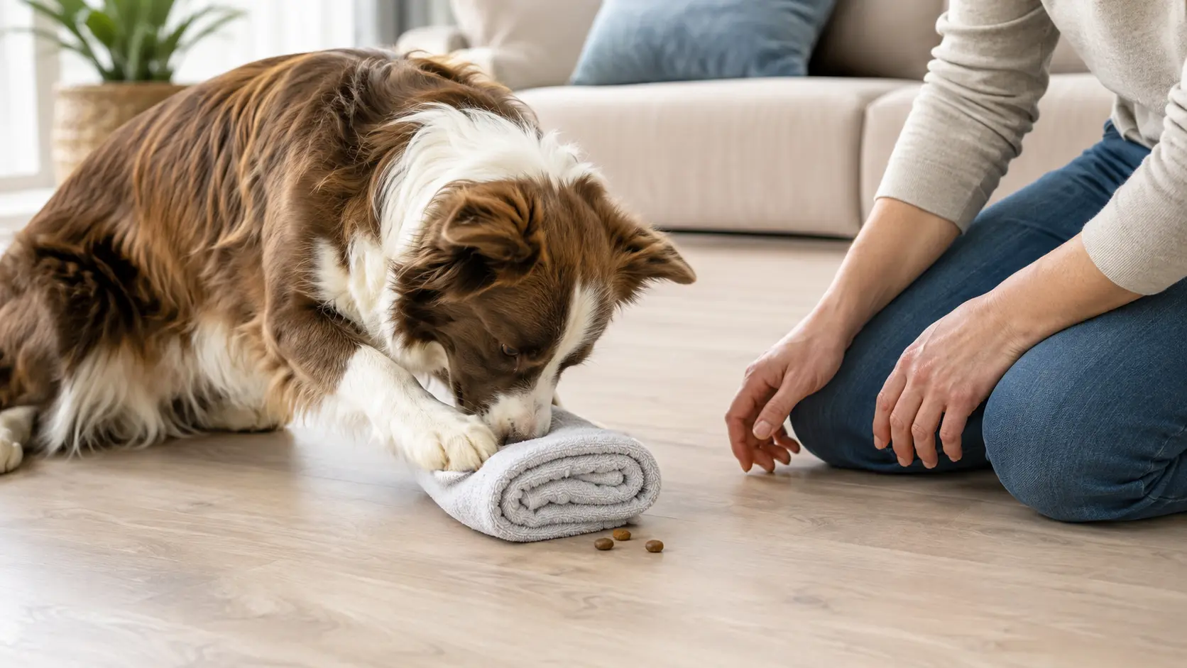 Cane cerca bocconcini in un asciugamano arrotolato sotto supervisione