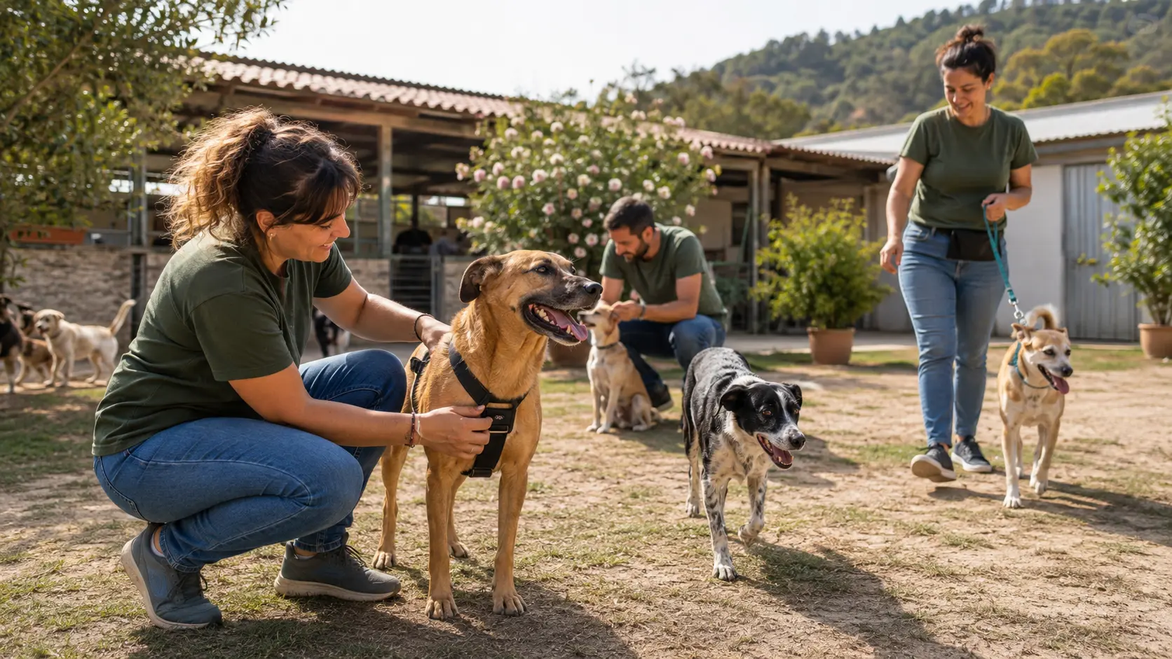 Volontari accudiscono e accompagnano cani in un rifugio