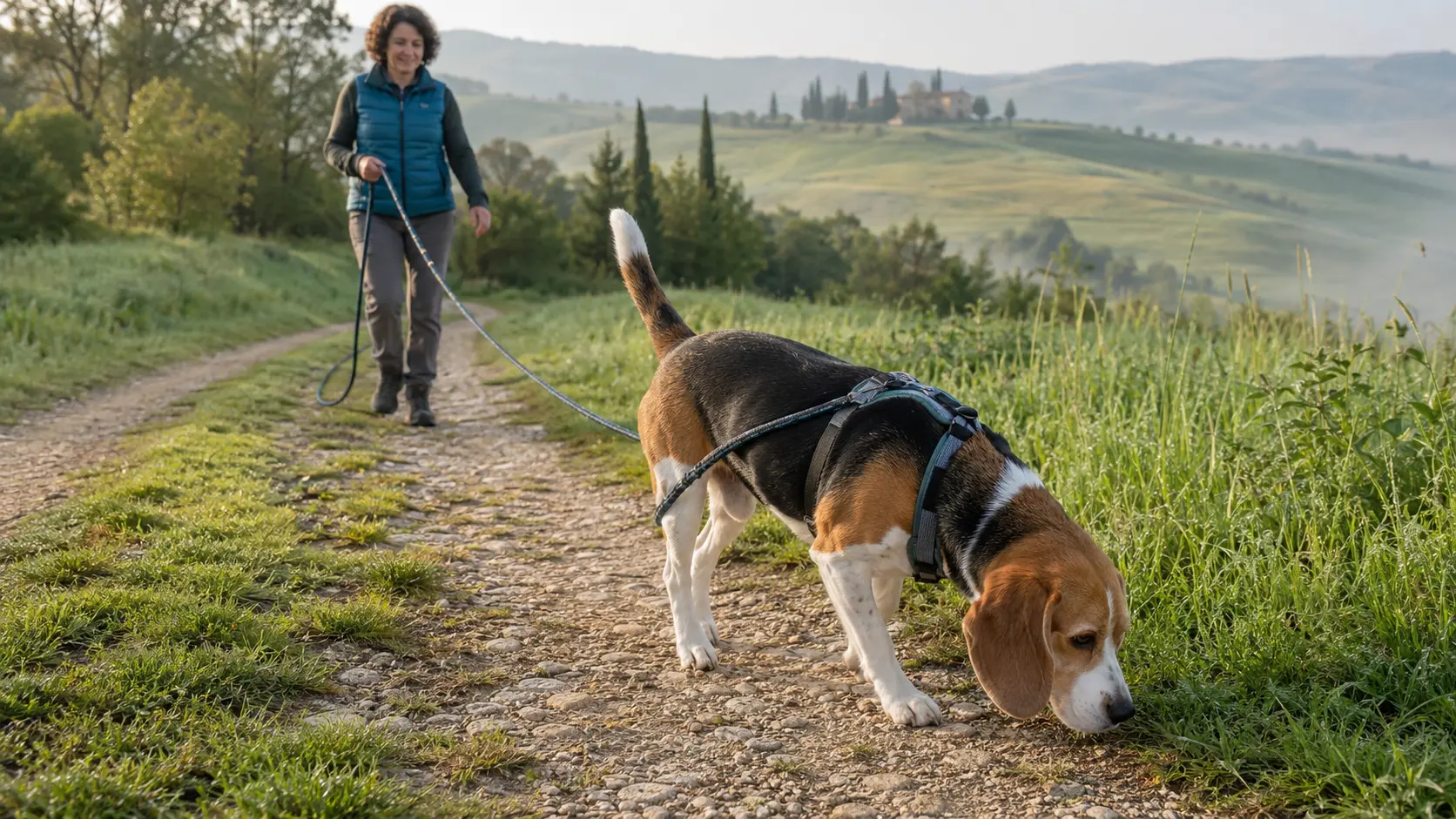 Beagle segue una traccia olfattiva in campagna con la proprietaria