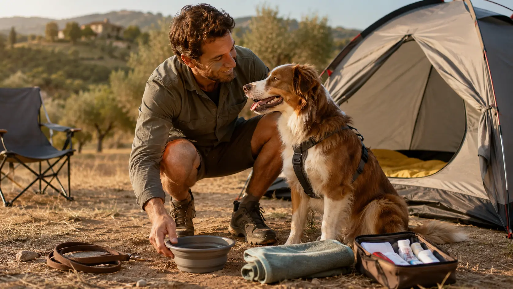 Proprietario prepara acqua e attrezzatura per il cane in campeggio