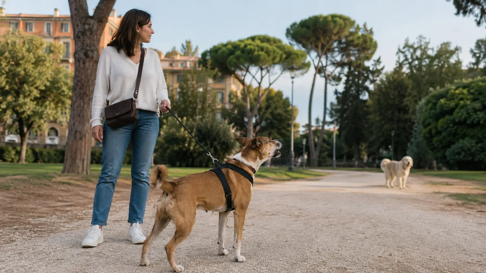 Cane al guinzaglio abbaia verso un altro cane mantenuto a distanza