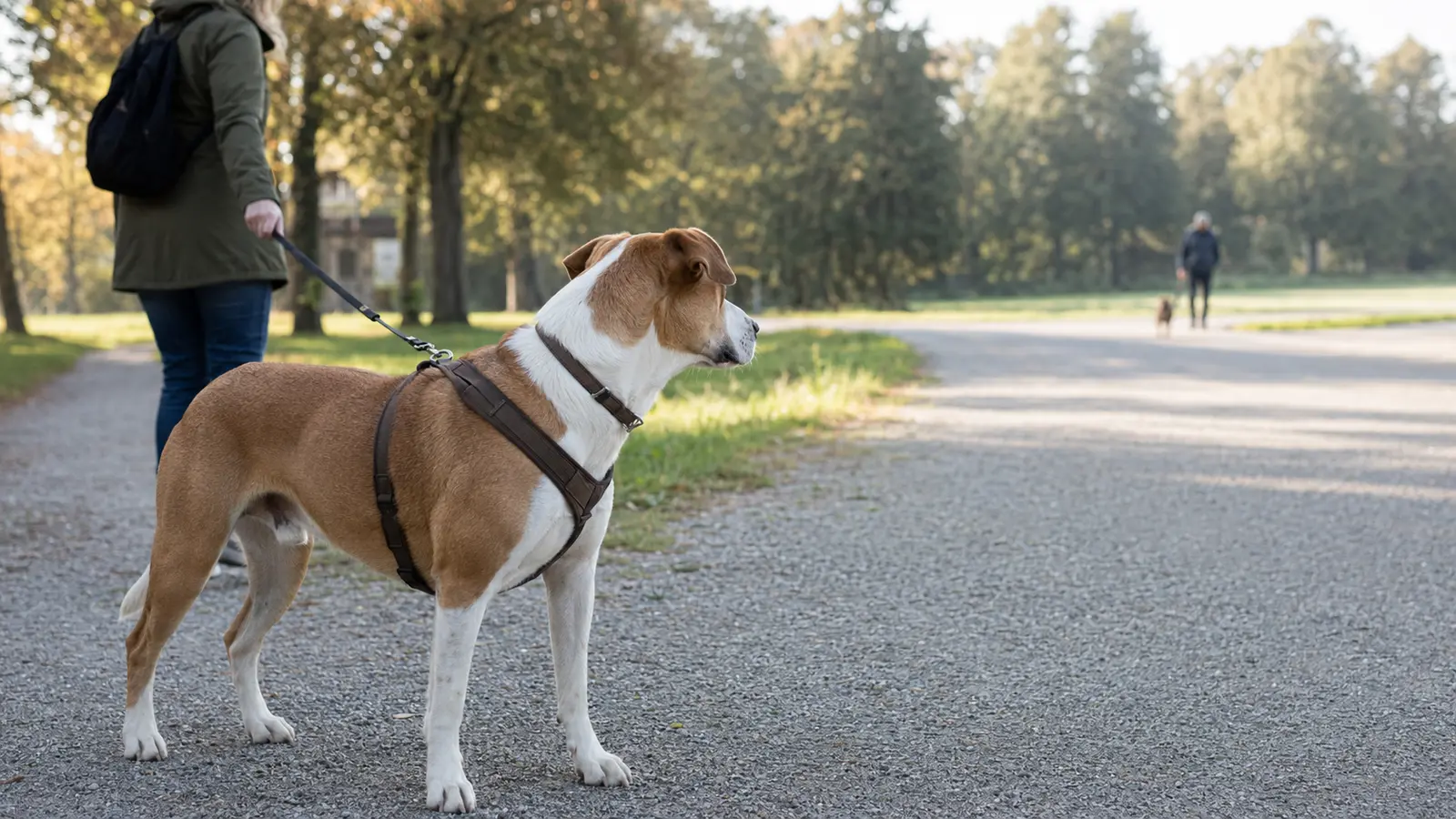 Cane con pettorina osserva un altro cane da una distanza sicura durante la passeggiata