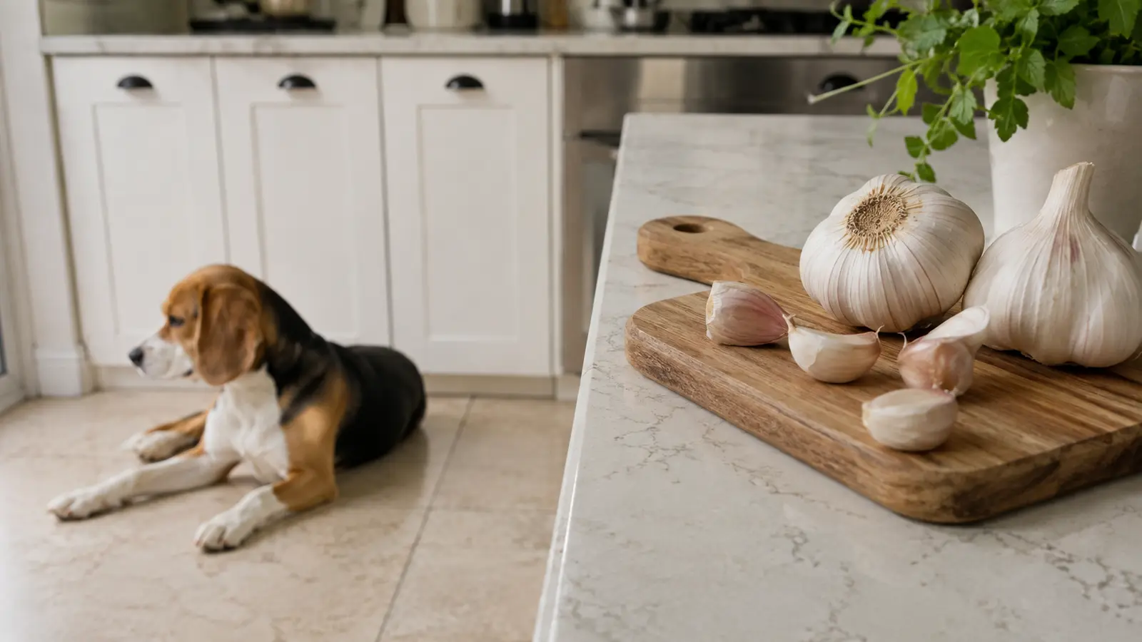 Beagle tenuto a distanza da bulbi e spicchi di aglio appoggiati sul tavolo