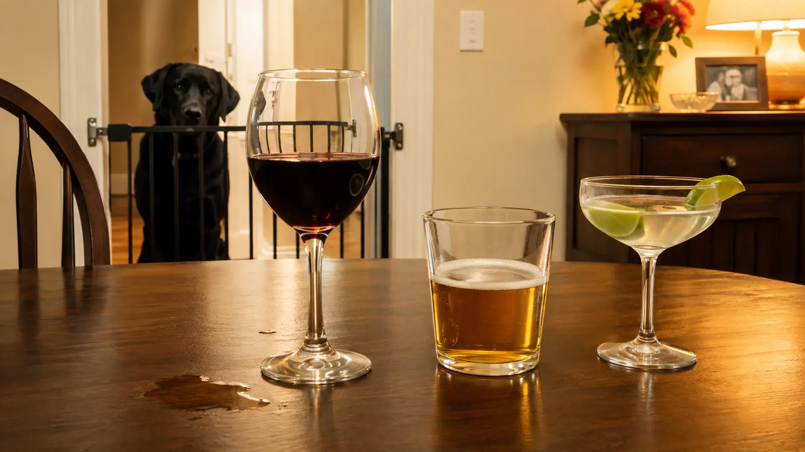 Cane dietro un cancelletto, separato da vino, birra e cocktail sul tavolo
