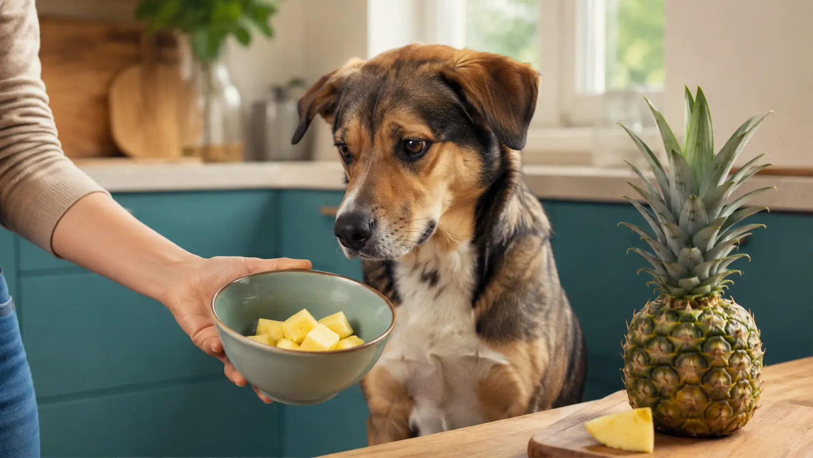Cane meticcio davanti a piccoli pezzi di ananas preparati in sicurezza