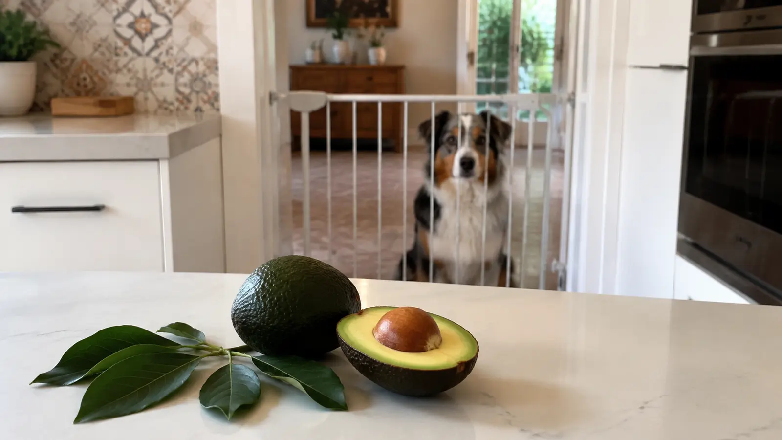 Australian shepherd dietro un cancelletto mentre avocado intero, polpa e foglie restano sul piano cucina