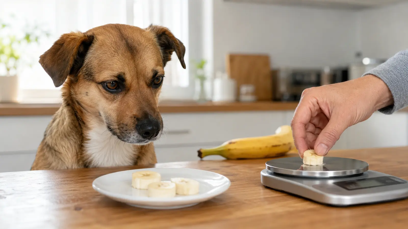Cane osserva una piccola porzione di banana mentre viene pesata
