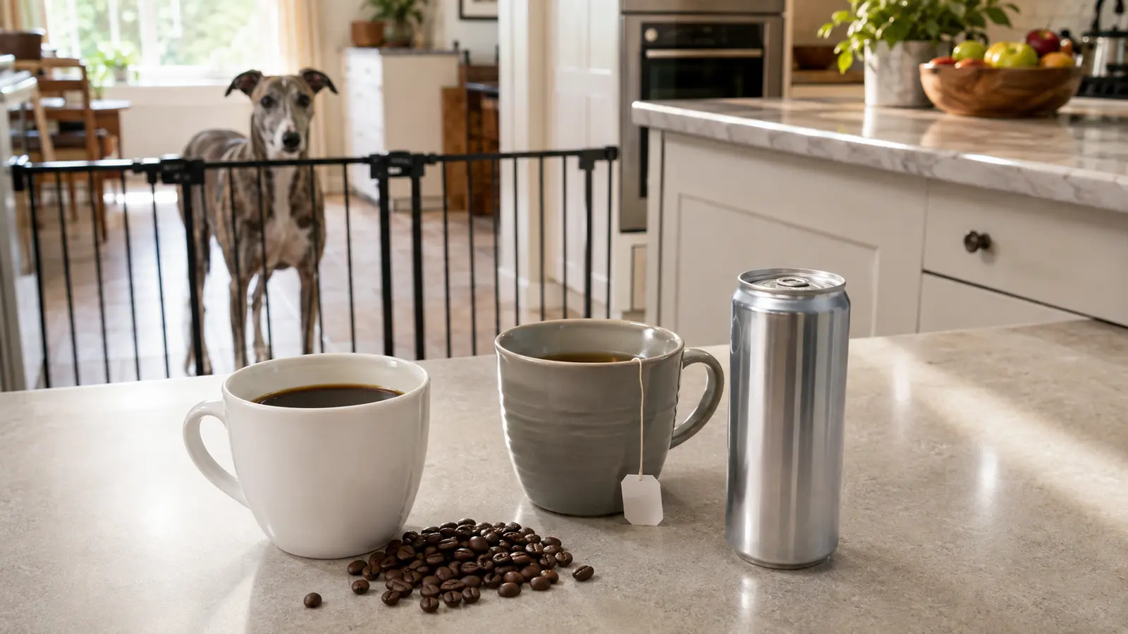 Greyhound dietro un cancelletto mentre caffè, tè, chicchi e una bevanda energetica restano sul piano cucina