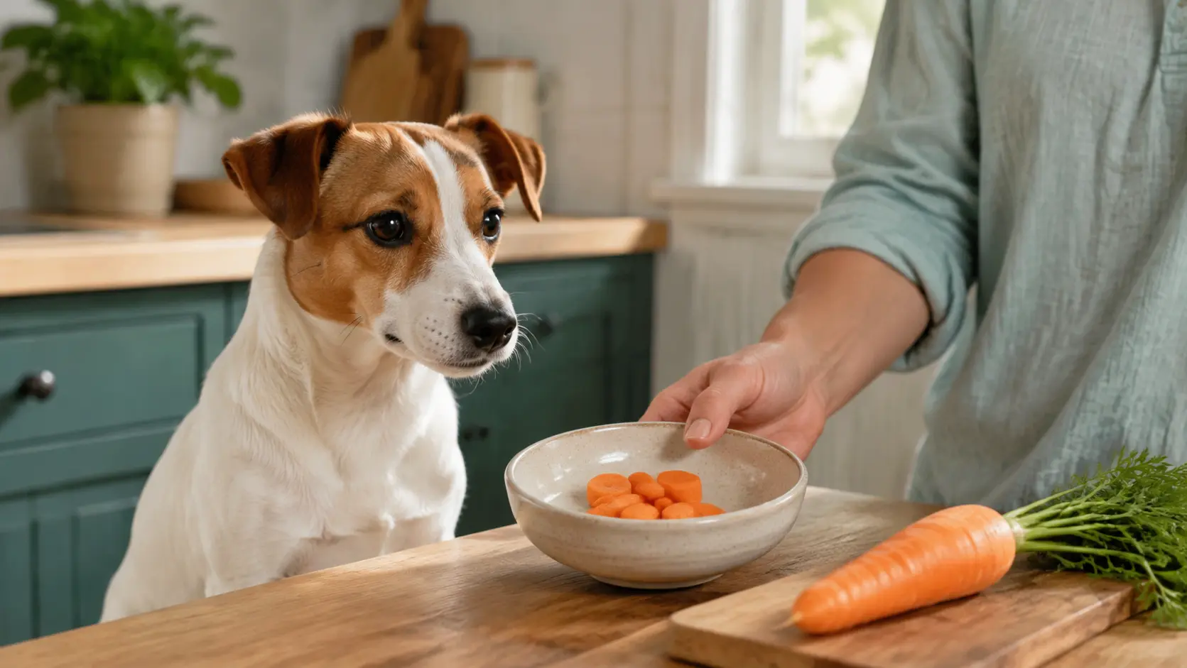 Jack Russell davanti a una piccola porzione di carote preparate per il cane