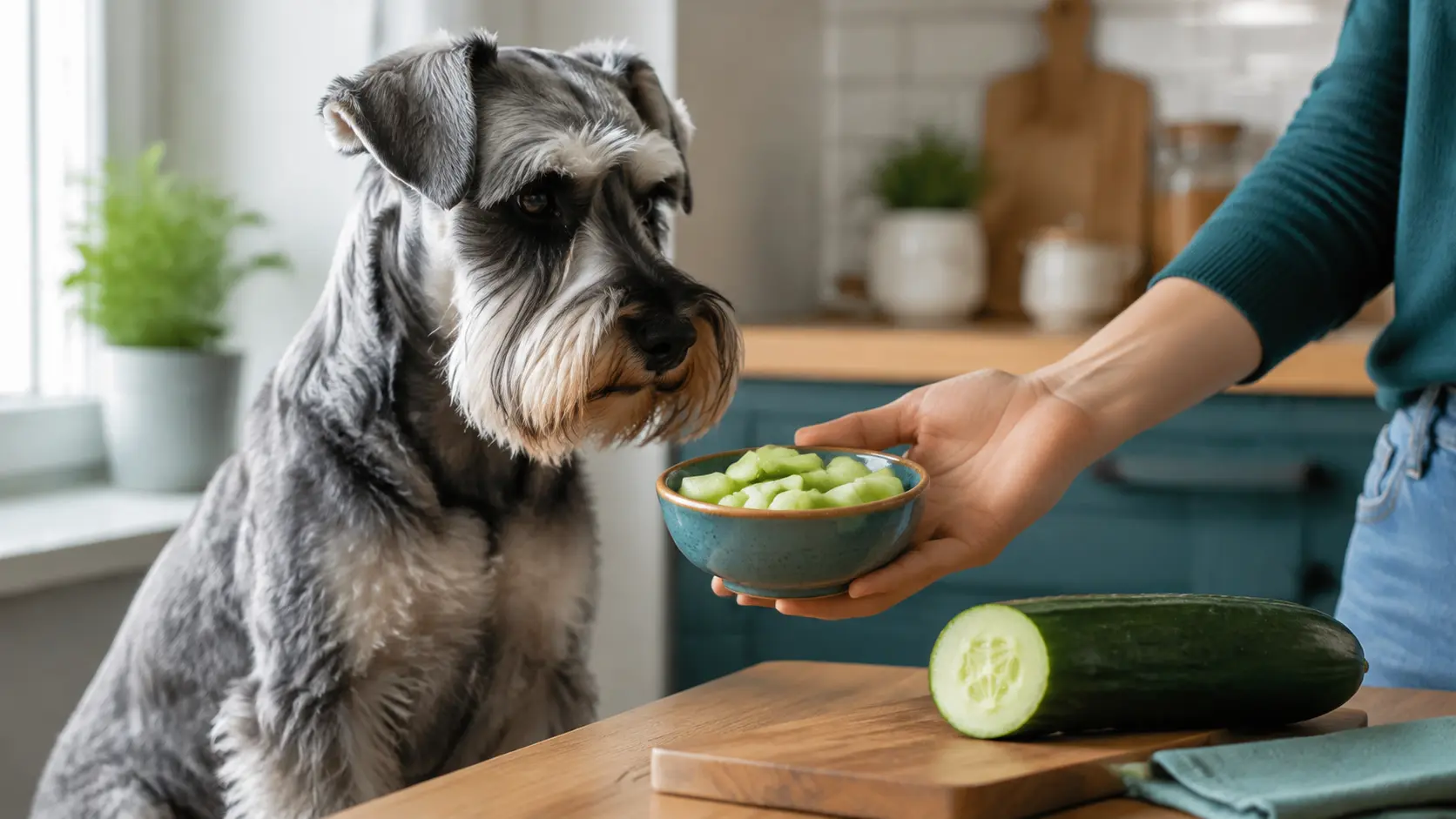 Schnauzer davanti a una piccola ciotola di cetriolo tagliato