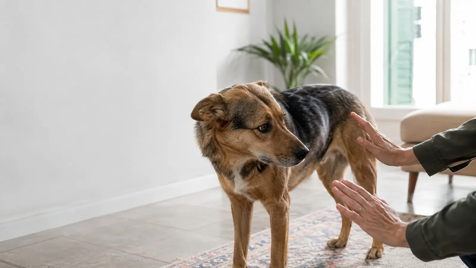 Cane che ringhia per comunicare disagio mentre una persona gli lascia spazio