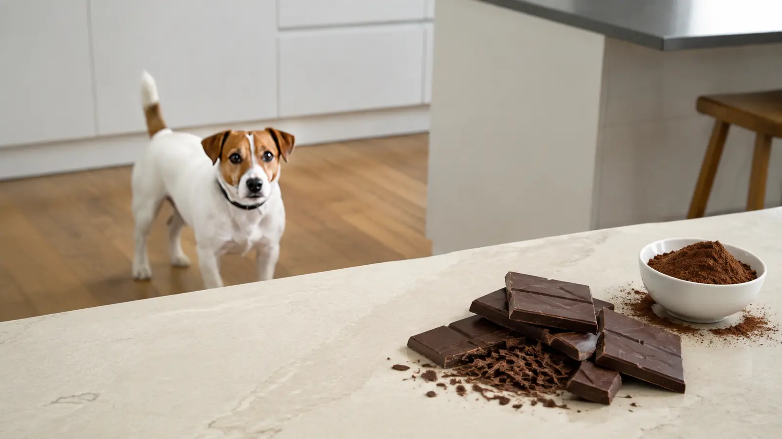 Jack Russell davanti a cioccolato fondente e cacao tenuti fuori dalla sua portata