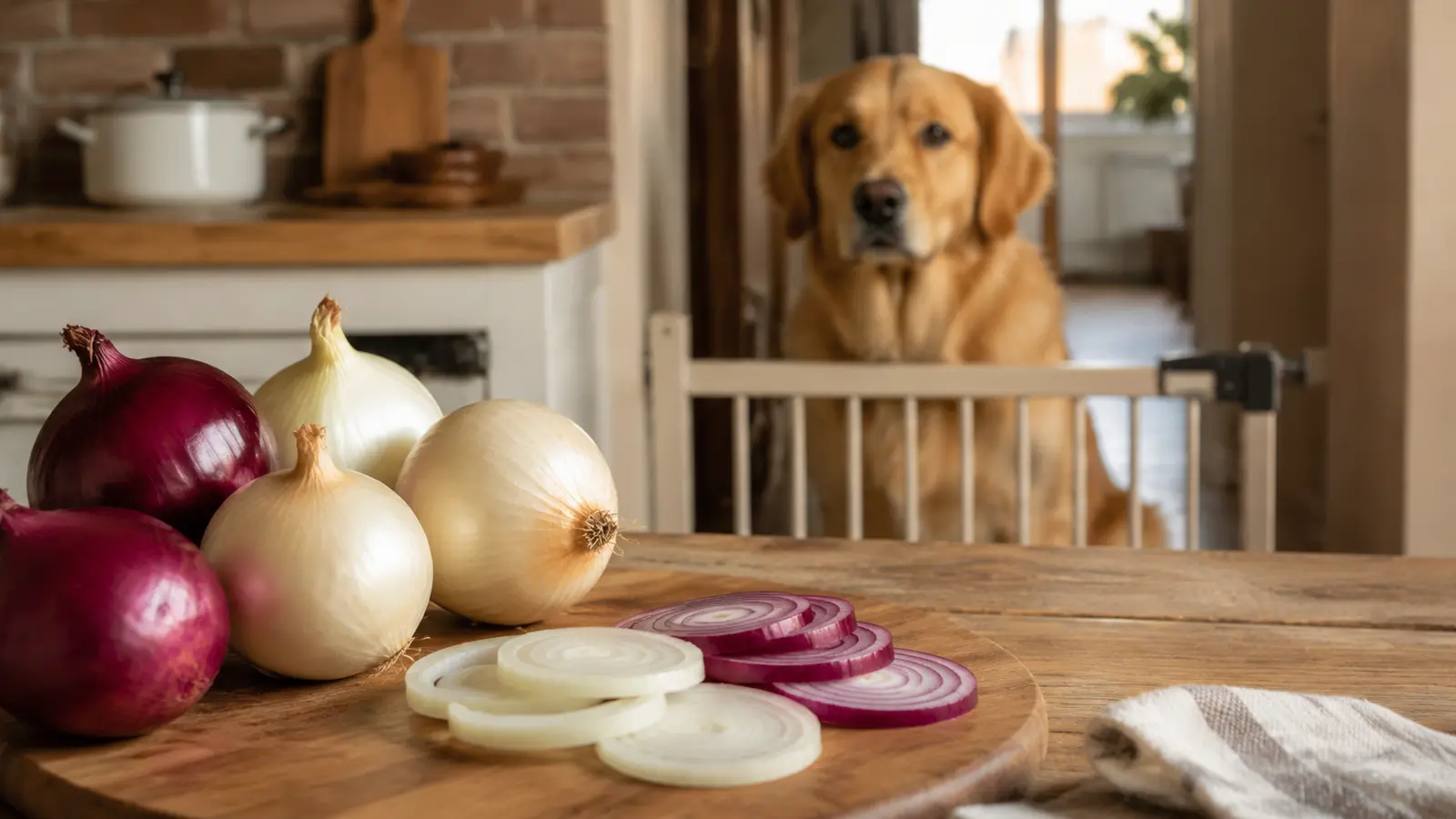 Golden retriever tenuto dietro un cancelletto mentre cipolle rosse e bianche restano sul tavolo