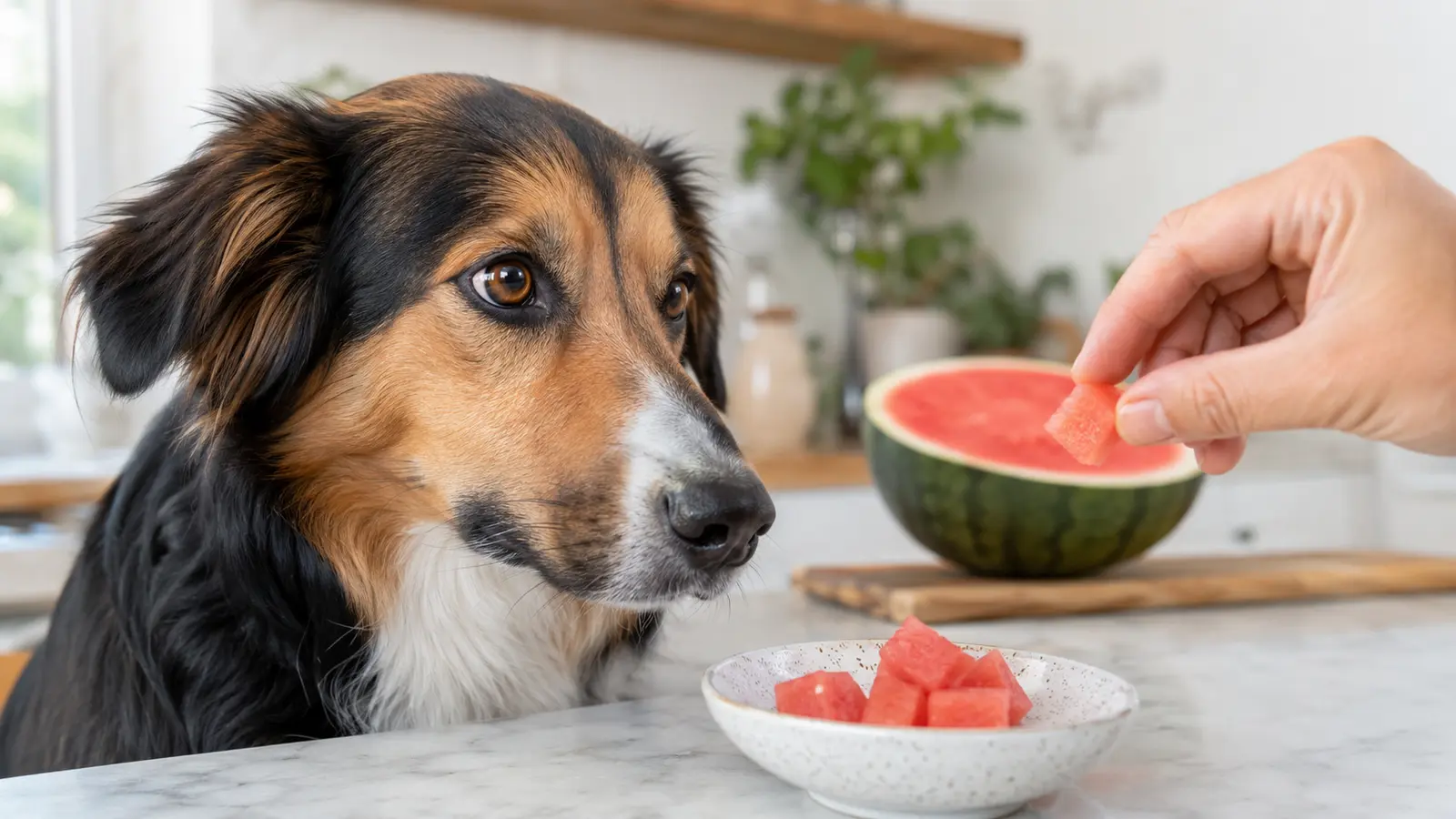 Cane davanti a piccoli cubetti di cocomero senza semi e buccia