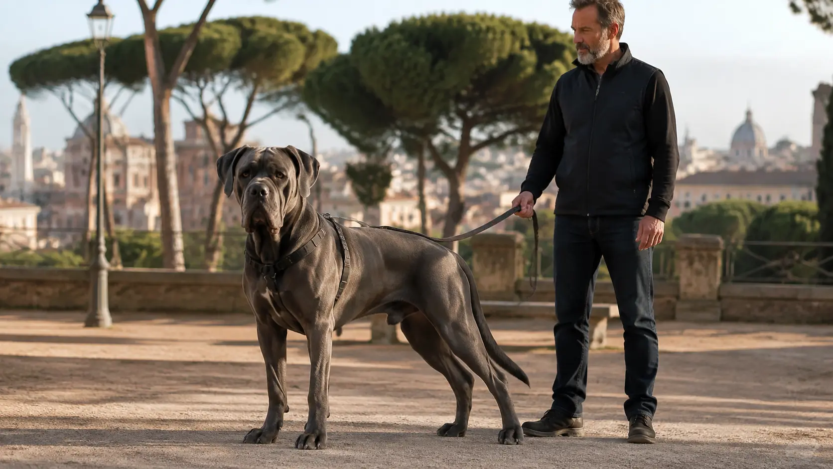 Cane Corso grigio al guinzaglio in un parco con il proprietario